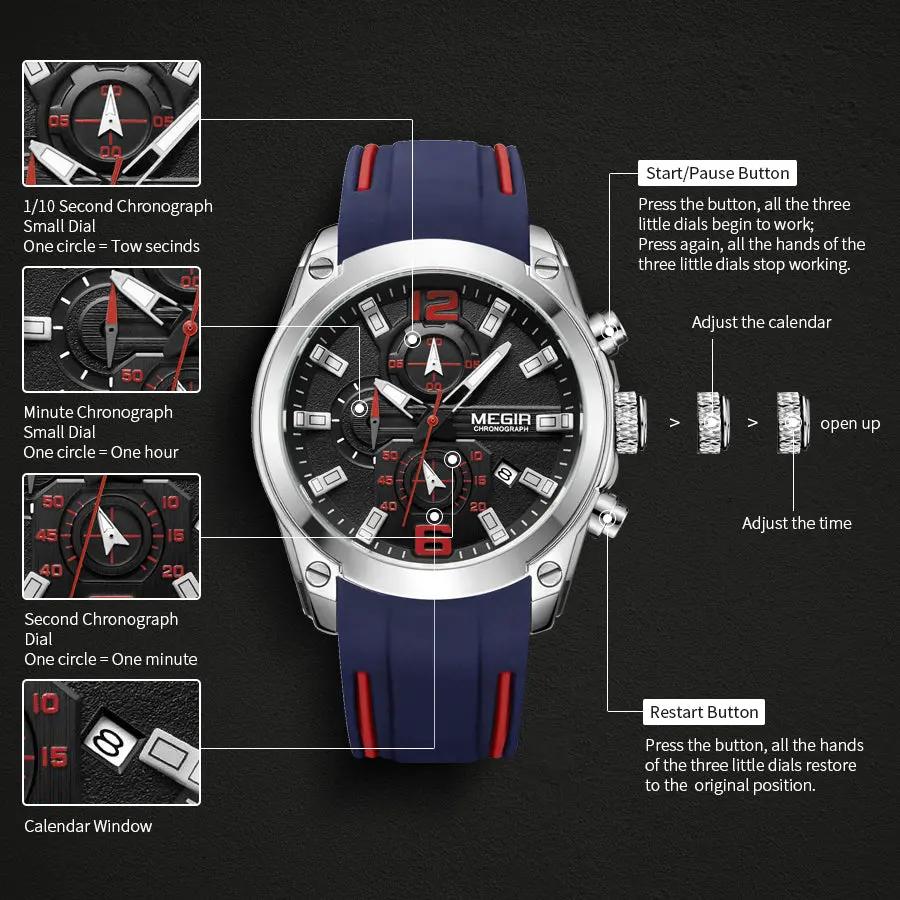 MEGIR Brand Luxury Big Dial Sport Quartz Watch for Men Waterproof Silicone Strap Chronograph Clock Wristwatch Reloj Hombre 2063 by MEGIR WATCH GROUP
