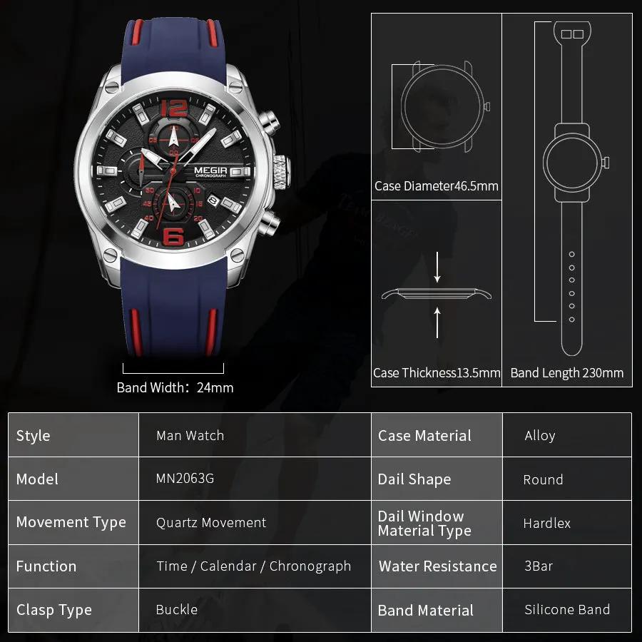 MEGIR Brand Luxury Big Dial Sport Quartz Watch for Men Waterproof Silicone Strap Chronograph Clock Wristwatch Reloj Hombre 2063 by MEGIR WATCH GROUP