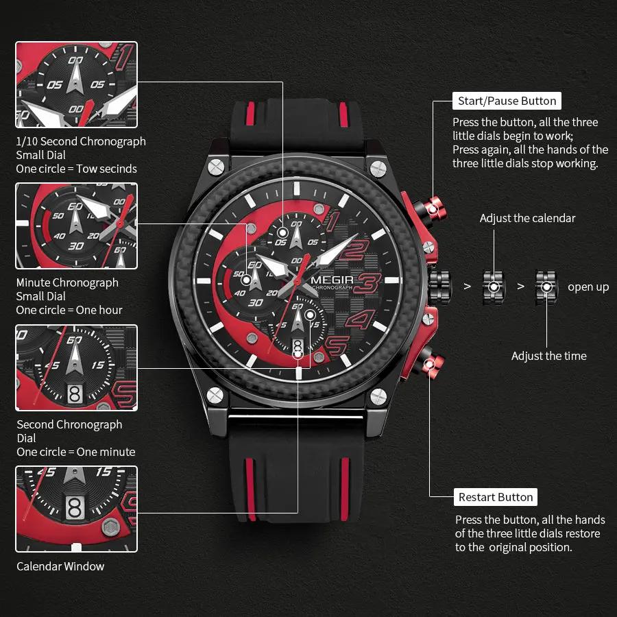 MEGIR Chronograph Sports Watch Men Silicone Military Watches Waterproof Date Clock Fashion Quartz Wristwatches Reloj Hombre 2051 by MEGIR WATCH GROUP