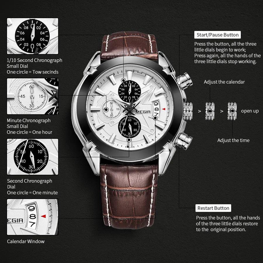 MEGIR Men Watches Original Fashion Leather Quartz Wristwatch Waterproof Male Big Dial Sports Military Chronograph Clock Reloj Hombre 2020 by MEGIR WATCH GROUP