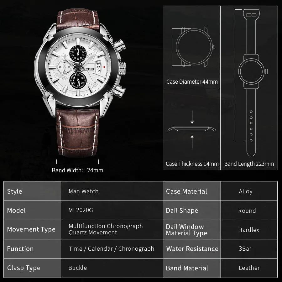 MEGIR Men Watches Original Fashion Leather Quartz Wristwatch Waterproof Male Big Dial Sports Military Chronograph Clock Reloj Hombre 2020 by MEGIR WATCH GROUP