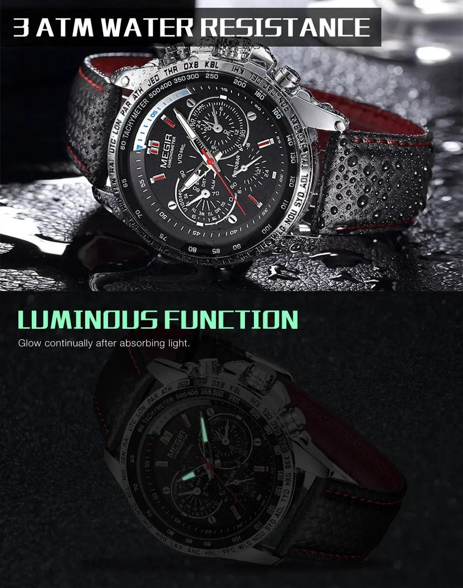 MEGIR Fashion Watches for Men Multifunction Sports Wristwatch Waterproof Quartz Watch Clock Leather Strap Relogio Masculino 1010 by MEGIR WATCH GROUP