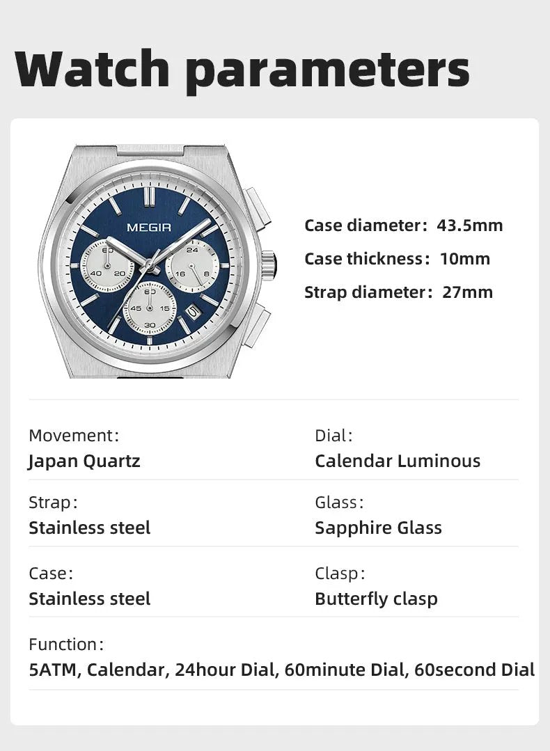 MEGIR Men's Business Watches Original Analogue Quartz Wrist Watch Luminous 5ATM Waterproof Steel Large Dial Clock Reloj Hombre 8402 by MEGIR WATCH GROUP