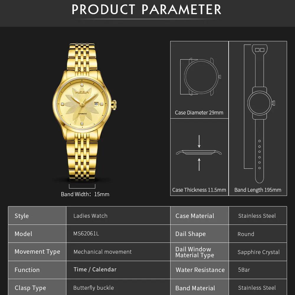 MEGIR Fashion Business Casual Watch for Women Sapphire Automatic Mechanical Wrist Watch Ladies Stainless Steel Female Date Clock 62061 by MEGIR WATCH GROUP