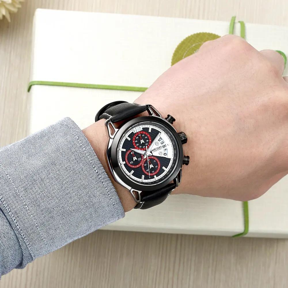 MEGIR Fashion Men Military Sport Watches Leather Strap Quartz Business Wristwatch Chronograph Waterproof Luminous Date Clock 2071 by MEGIR WATCH GROUP