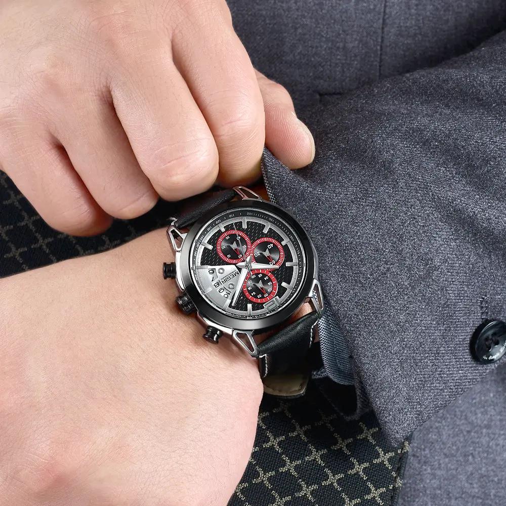 MEGIR Fashion Men Military Sport Watches Leather Strap Quartz Business Wristwatch Chronograph Waterproof Luminous Date Clock 2071 by MEGIR WATCH GROUP