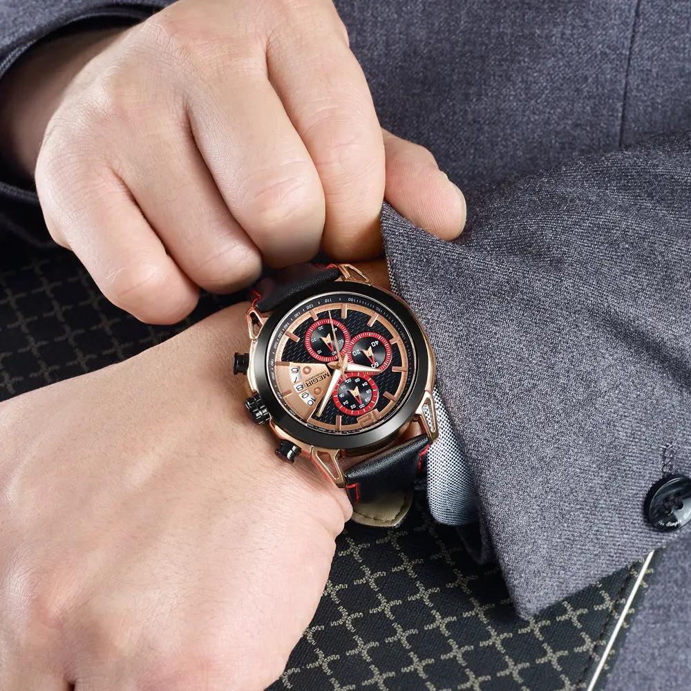 MEGIR Fashion Men Military Sport Watches Leather Strap Quartz Business Wristwatch Chronograph Waterproof Luminous Date Clock 2071 by MEGIR WATCH GROUP