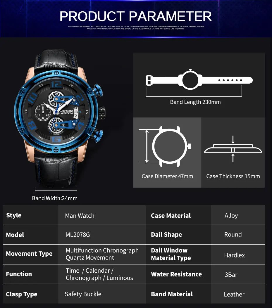 MEGIR Fashion Men Watches Waterproof Sports Watch Chronograph Leather Strap Military Quartz Wristwatch Male Clock 2078 by MEGIR WATCH GROUP
