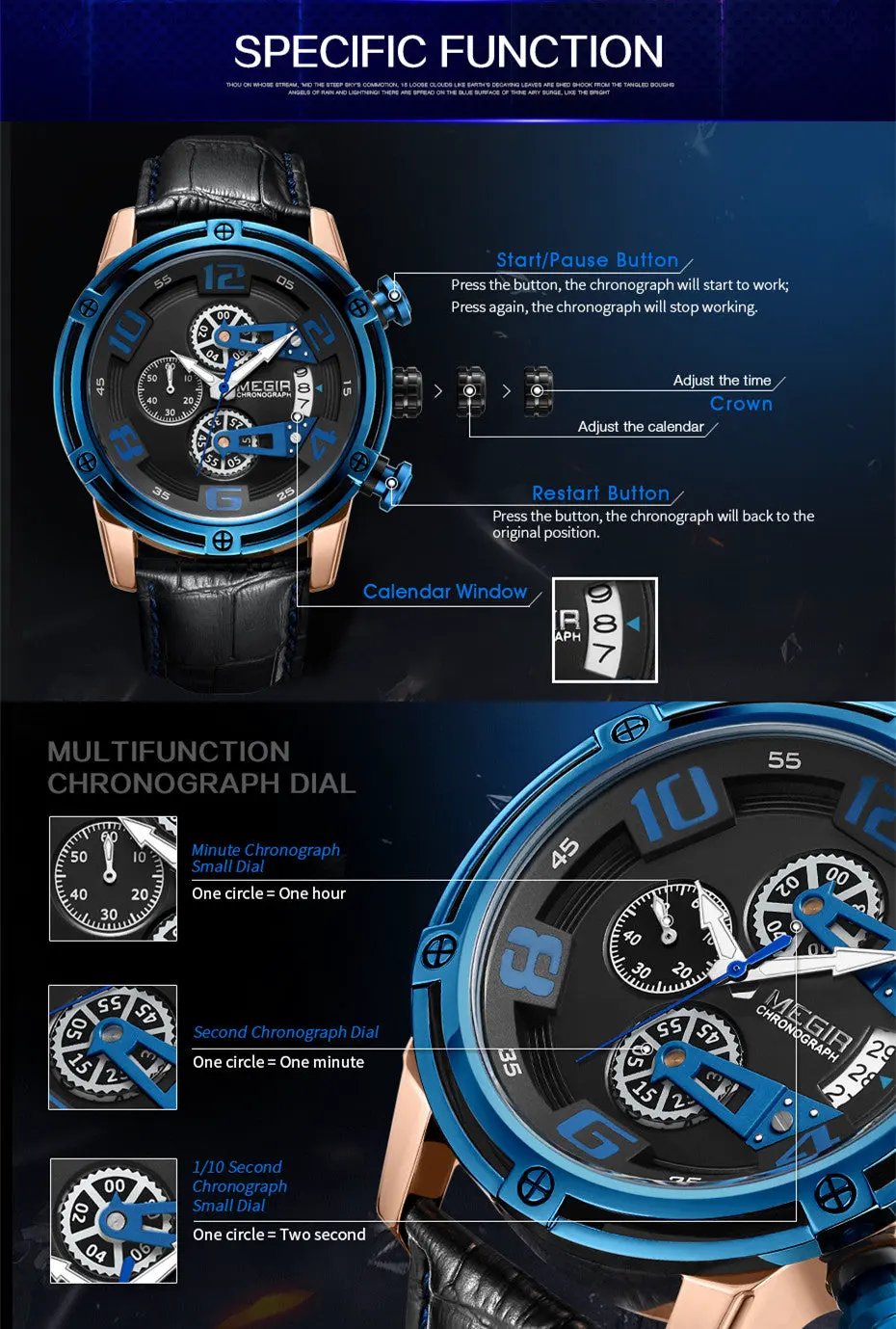 MEGIR Fashion Men Watches Waterproof Sports Watch Chronograph Leather Strap Military Quartz Wristwatch Male Clock 2078 by MEGIR WATCH GROUP