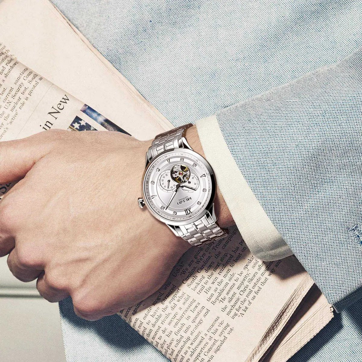 MEGIR Luxury Men Watches Stainless Steel Automatic Mechanical Watch Sapphire Steel Case Business WristWatch Montre Homme 62053 by MEGIR WATCH GROUP