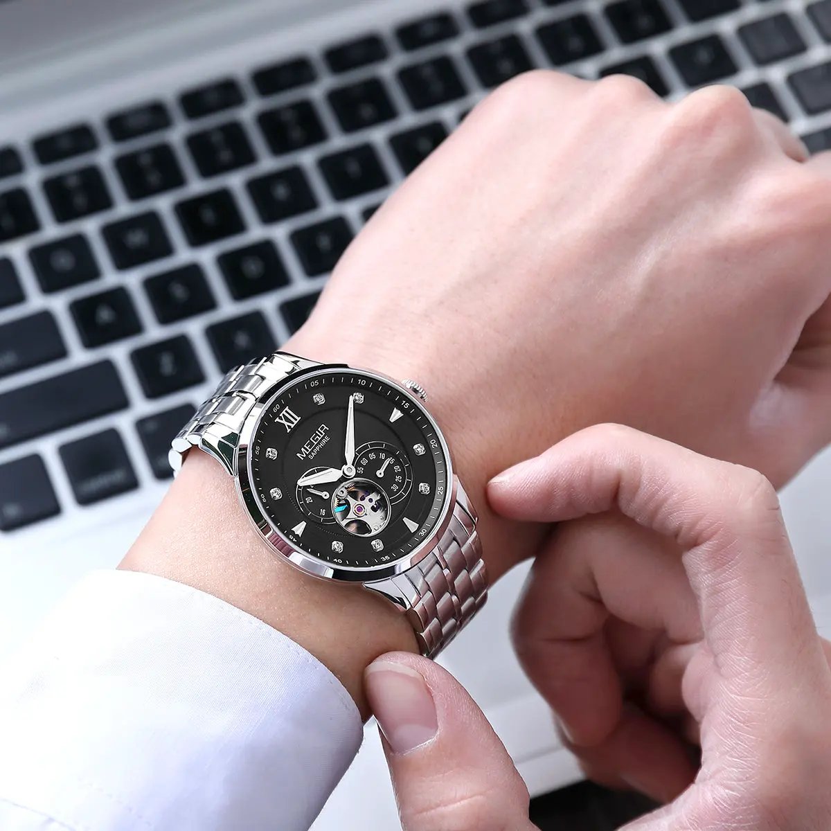 MEGIR Luxury Men Watches Stainless Steel Automatic Mechanical Watch Sapphire Steel Case Business WristWatch Montre Homme 62053 by MEGIR WATCH GROUP
