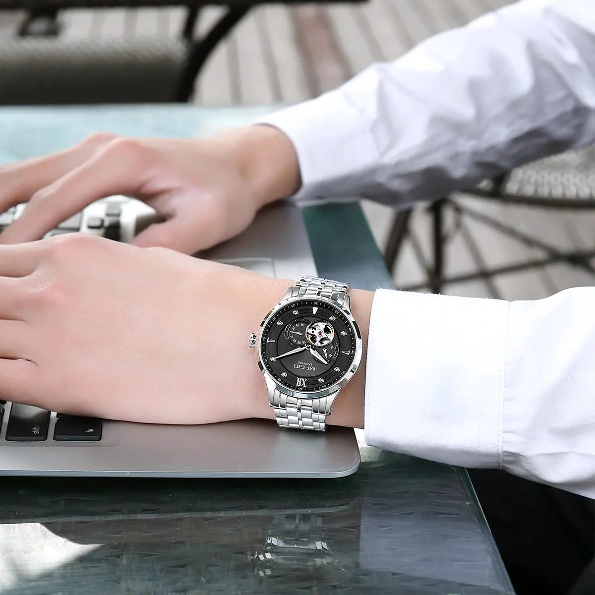 MEGIR Luxury Men Watches Stainless Steel Automatic Mechanical Watch Sapphire Steel Case Business WristWatch Montre Homme 62053 by MEGIR WATCH GROUP