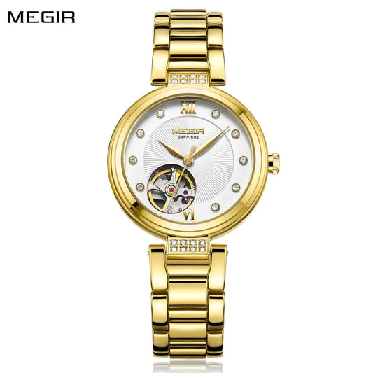 MEGIR Luxury Stainless Steel Gold Women Bracelet Watch Large Dial Automatic Mechanical Wrist Watches Ladies Business Watch Clock 62060 by MEGIR WATCH GROUP