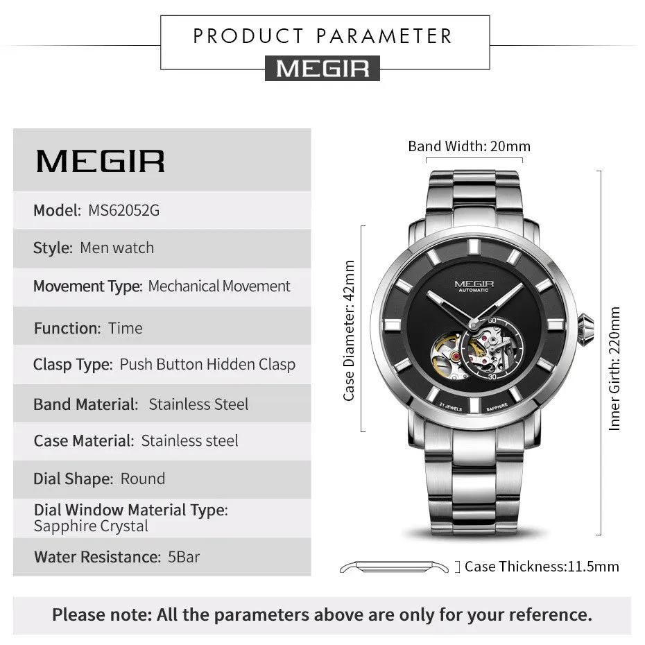 MEGIR Men Watch Hollow Out Automatic Mechanical Stainless Steel Wristwatch Waterproof Luxury Business Wrist Watch Montre Homme 62052 by MEGIR WATCH GROUP