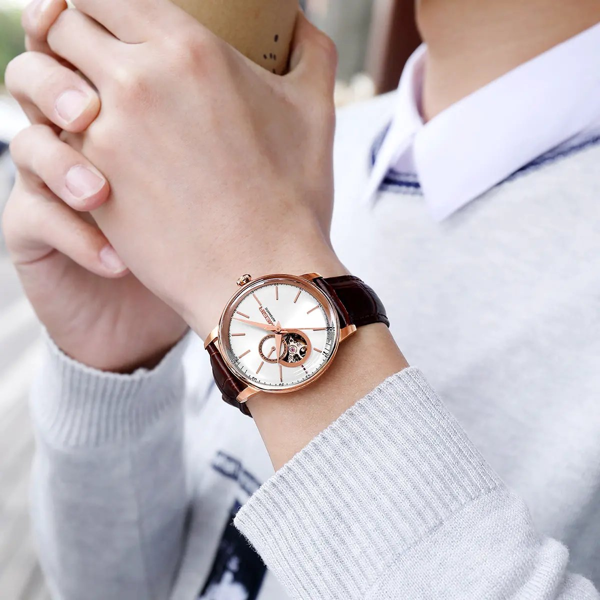 MEGIR Automatic Men's Watch Mechanical Movement Leather Strap Luxury Business Watches 5ATM Waterproof Big Dial Clock Wristwatch 62057 by MEGIR WATCH GROUP
