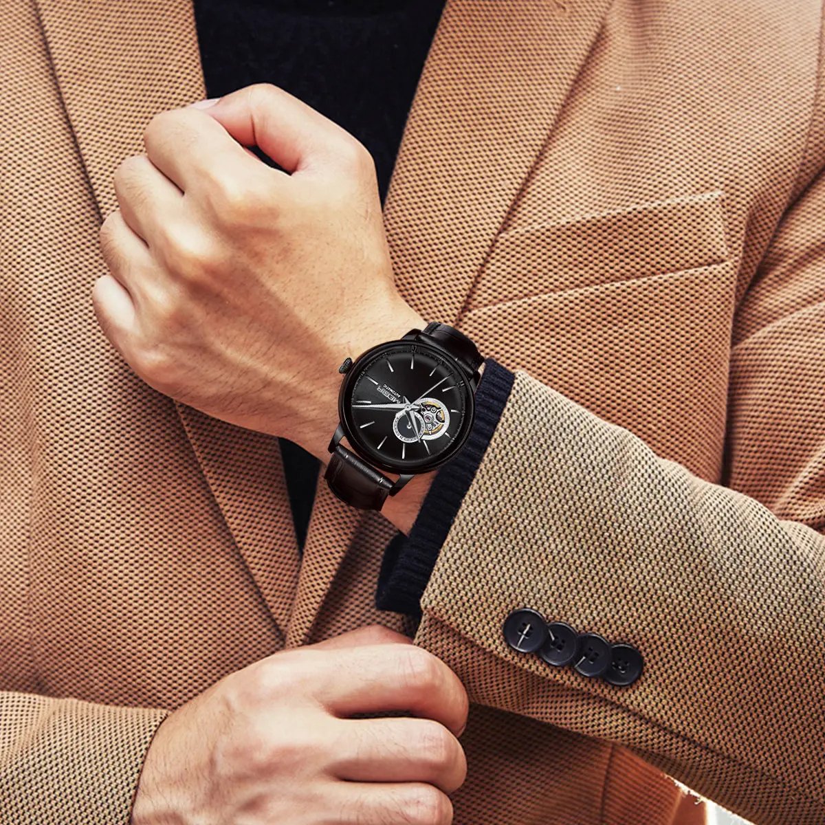 MEGIR Automatic Men's Watch Mechanical Movement Leather Strap Luxury Business Watches 5ATM Waterproof Big Dial Clock Wristwatch 62057 by MEGIR WATCH GROUP