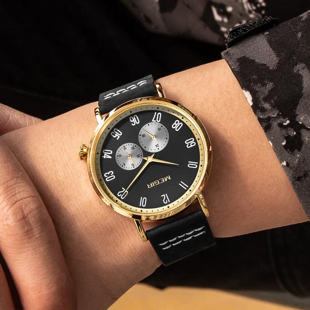 MEGIR Fashion Casual Men Watches Luxury Leather Quartz Sport Wristwatch Waterproof Luminous Clock Large Dial Relogio Masculino 1083 by MEGIR WATCH GROUP