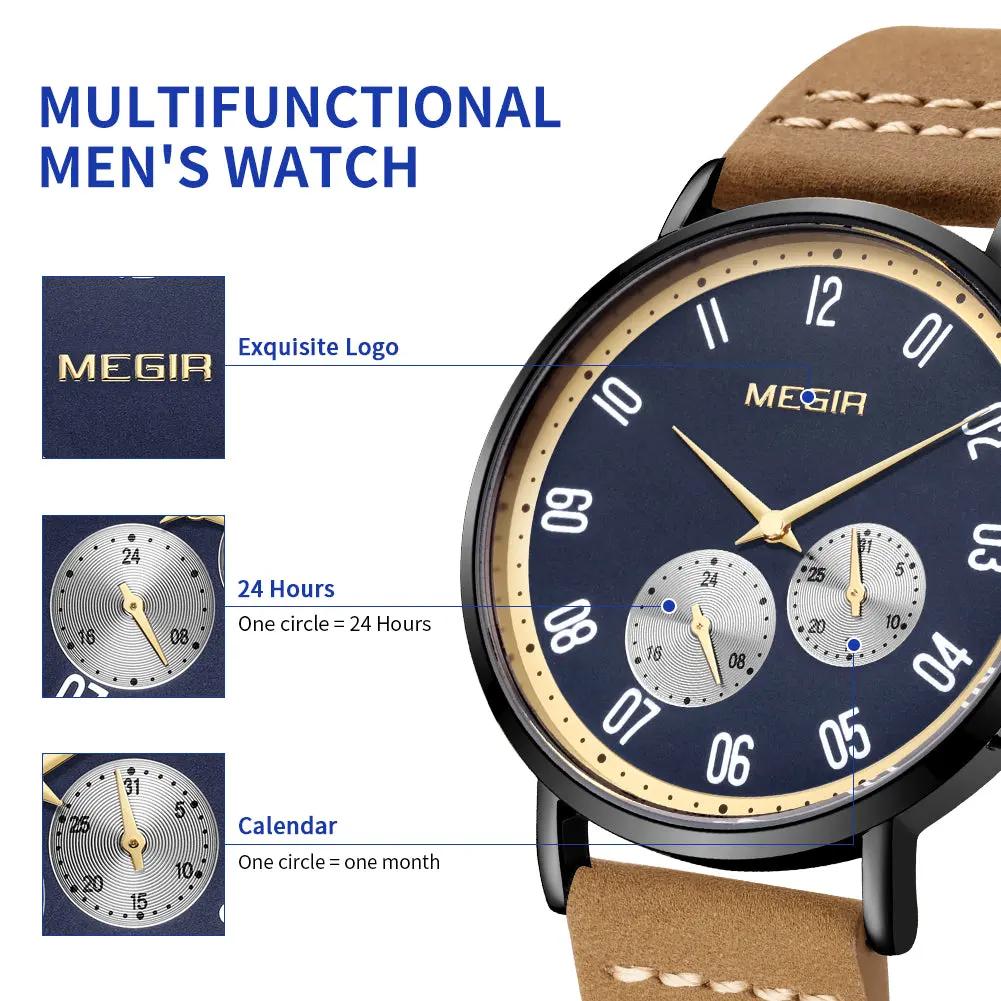 MEGIR Fashion Casual Men Watches Luxury Leather Quartz Sport Wristwatch Waterproof Luminous Clock Large Dial Relogio Masculino 1083 by MEGIR WATCH GROUP