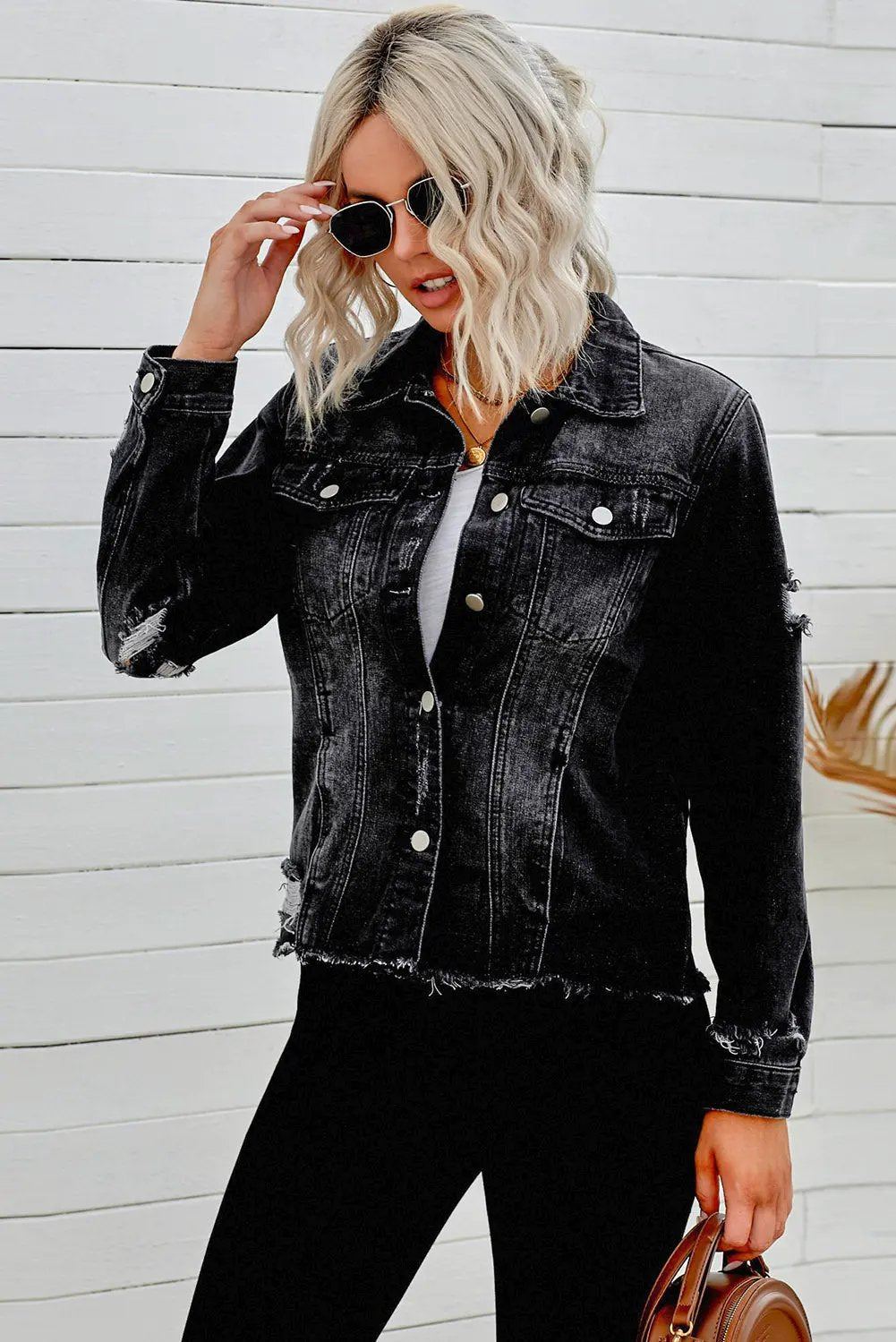 Distressed Raw Hem Buttons Denim Jacket by Partner Label