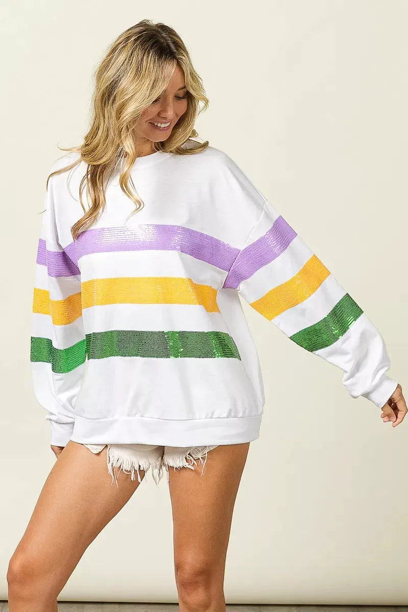 BiBi Sequin Mardi Gras Striped Round Neck Sweatshirt by BiBi
