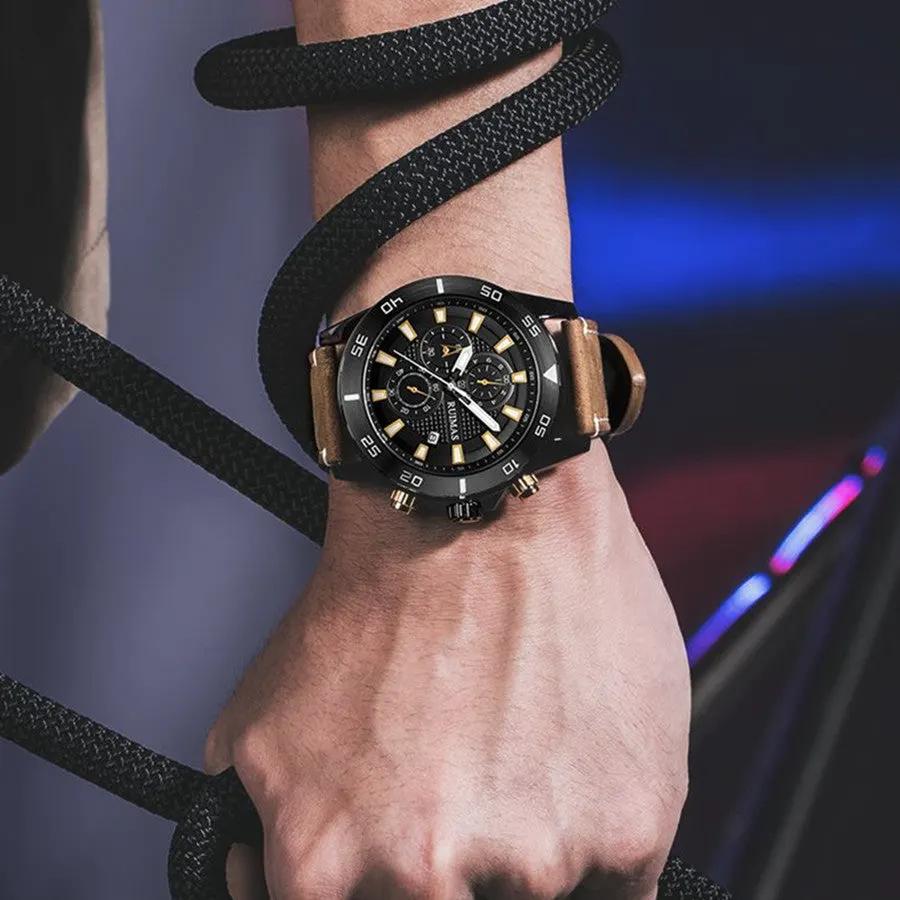 RUIMAS Luxury Brand Mens Watches Quartz Leather Strap Wristwatch Waterproof Clock Sports Large Dial Watch Auto Date Montre Homme 572 by MEGIR WATCH GROUP