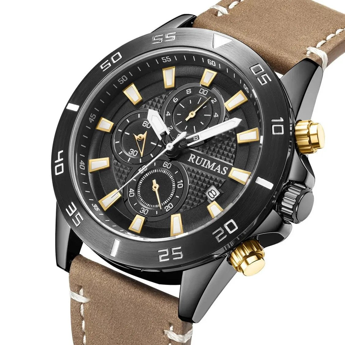 RUIMAS Luxury Brand Mens Watches Quartz Leather Strap Wristwatch Waterproof Clock Sports Large Dial Watch Auto Date Montre Homme 572 by MEGIR WATCH GROUP