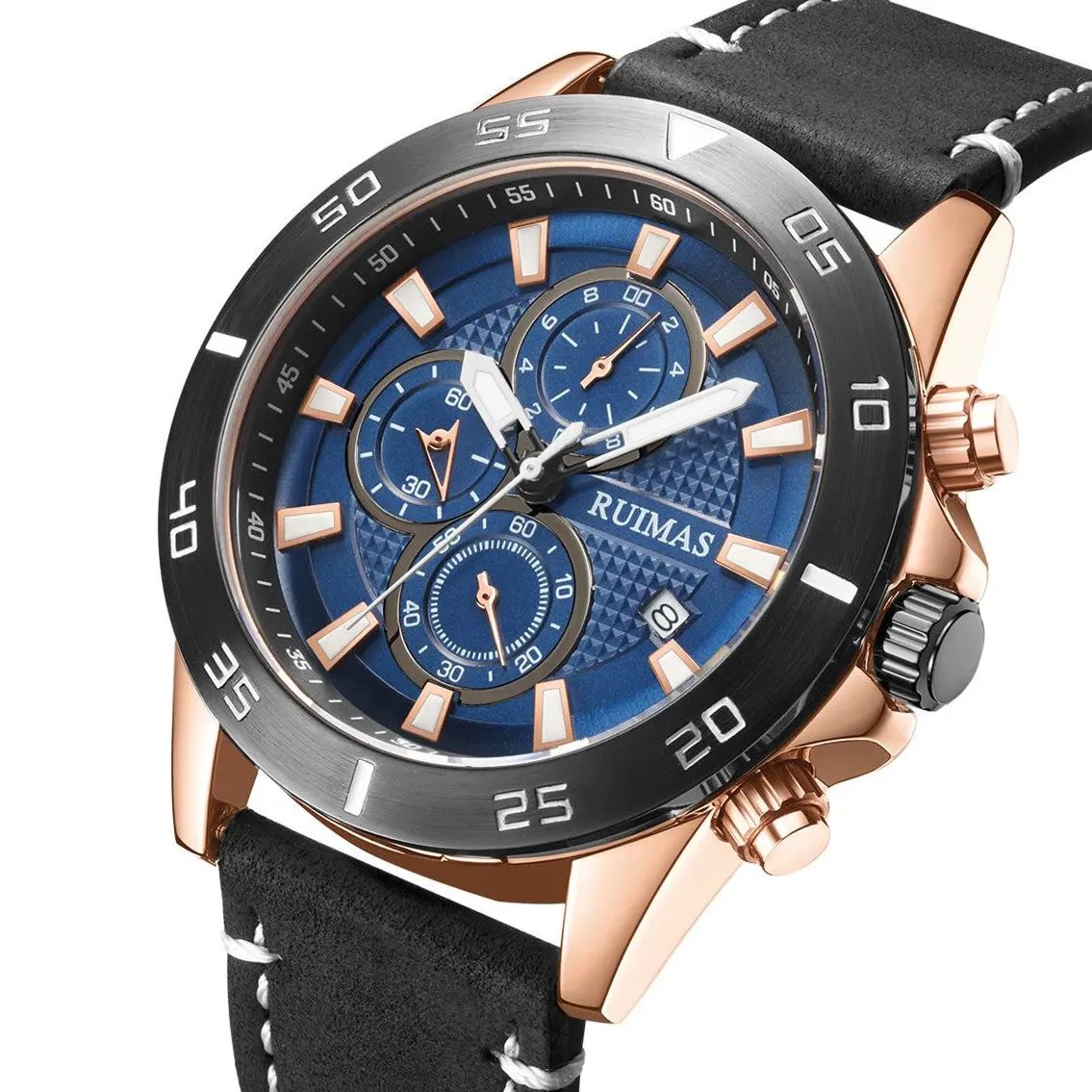 RUIMAS Luxury Brand Mens Watches Quartz Leather Strap Wristwatch Waterproof Clock Sports Large Dial Watch Auto Date Montre Homme 572 by MEGIR WATCH GROUP
