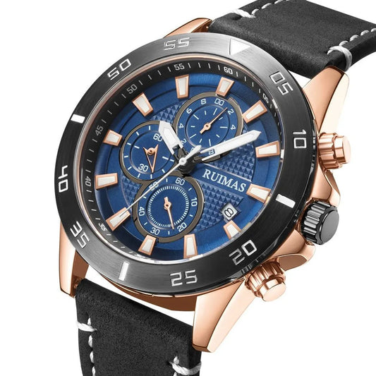 RUIMAS Luxury Brand Mens Watches Quartz Leather Strap Wristwatch Waterproof Clock Sports Large Dial Watch Auto Date Montre Homme 572 by MEGIR WATCH GROUP