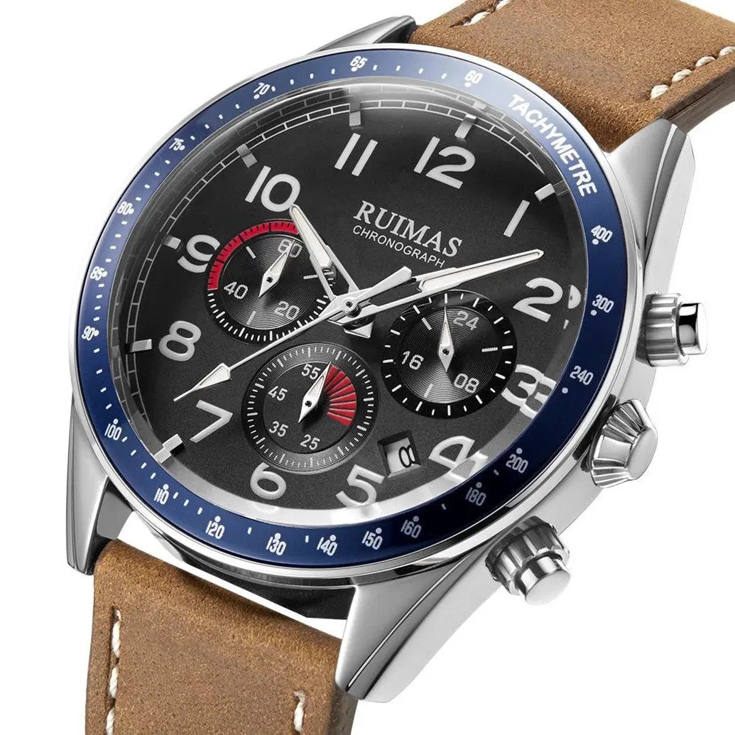 RUIMAS Luxury Brand Chronograph Watches for Men Fashion Leather Sports Military Wristwatch Luminous Clock Auto Date Reloj Hombre 574 by MEGIR WATCH GROUP