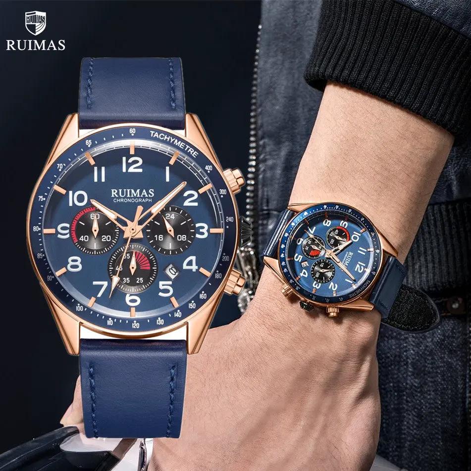 RUIMAS Luxury Brand Chronograph Watches for Men Fashion Leather Sports Military Wristwatch Luminous Clock Auto Date Reloj Hombre 574 by MEGIR WATCH GROUP
