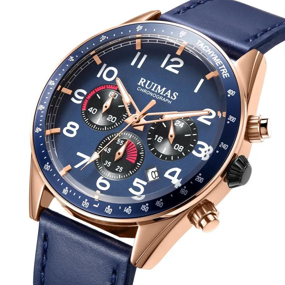 RUIMAS Luxury Brand Chronograph Watches for Men Fashion Leather Sports Military Wristwatch Luminous Clock Auto Date Reloj Hombre 574 by MEGIR WATCH GROUP