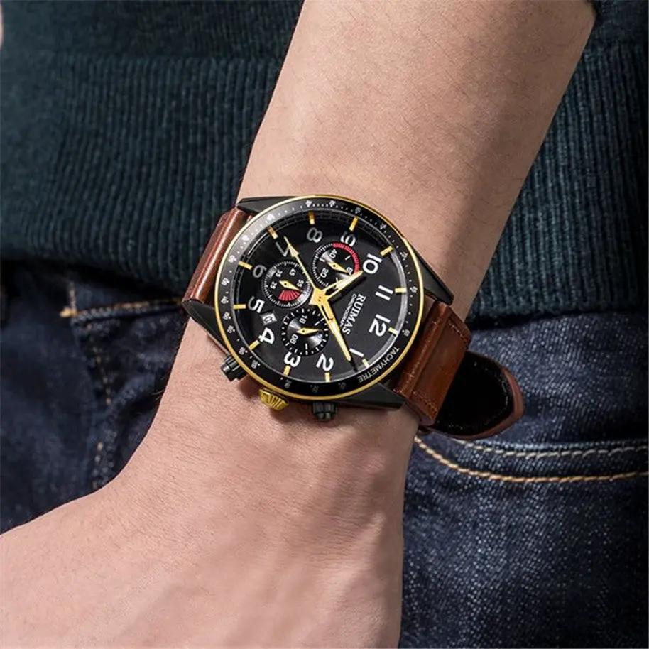 RUIMAS Luxury Brand Chronograph Watches for Men Fashion Leather Sports Military Wristwatch Luminous Clock Auto Date Reloj Hombre 574 by MEGIR WATCH GROUP
