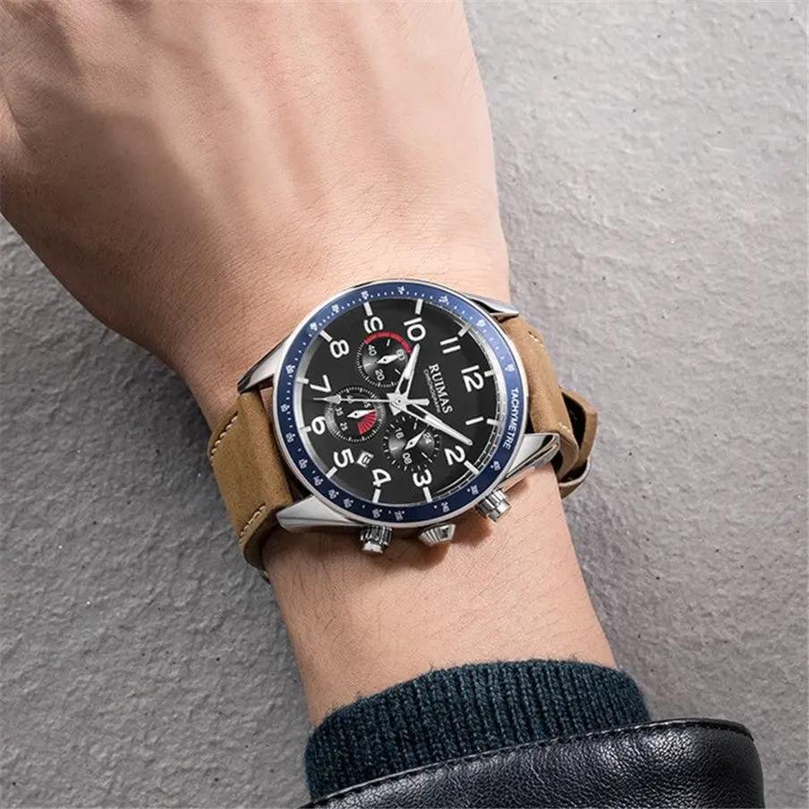 RUIMAS Luxury Brand Chronograph Watches for Men Fashion Leather Sports Military Wristwatch Luminous Clock Auto Date Reloj Hombre 574 by MEGIR WATCH GROUP