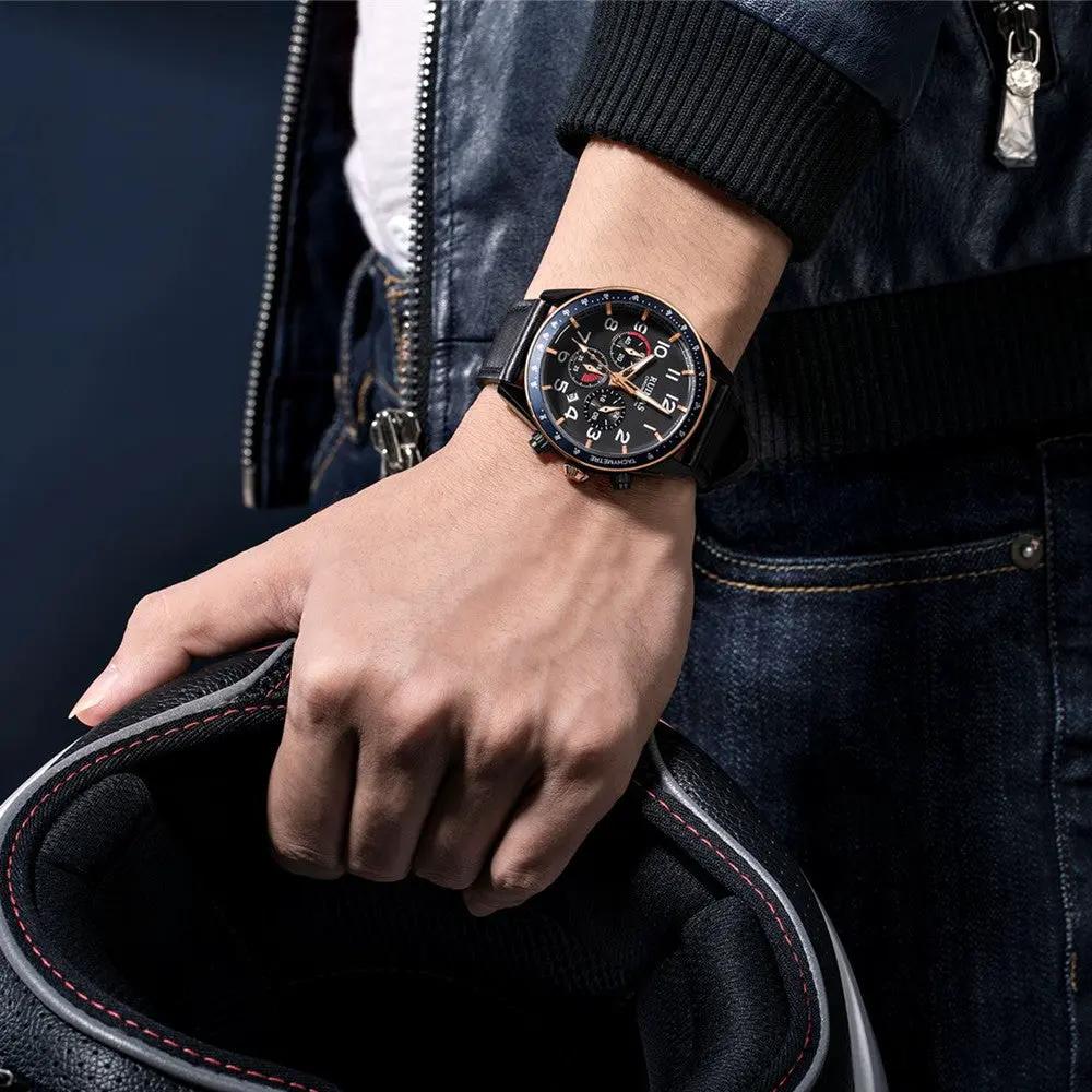 RUIMAS Luxury Brand Chronograph Watches for Men Fashion Leather Sports Military Wristwatch Luminous Clock Auto Date Reloj Hombre 574 by MEGIR WATCH GROUP