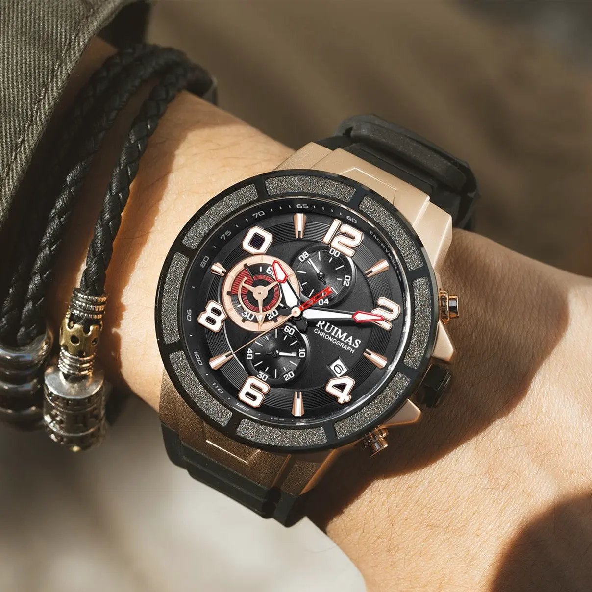RUIMAS Chronograph Top Brand Luxury Quartz Watches for Men Waterproof Silicone Sports Clock Wristwatch Calendar Montre Homme 587 by MEGIR WATCH GROUP