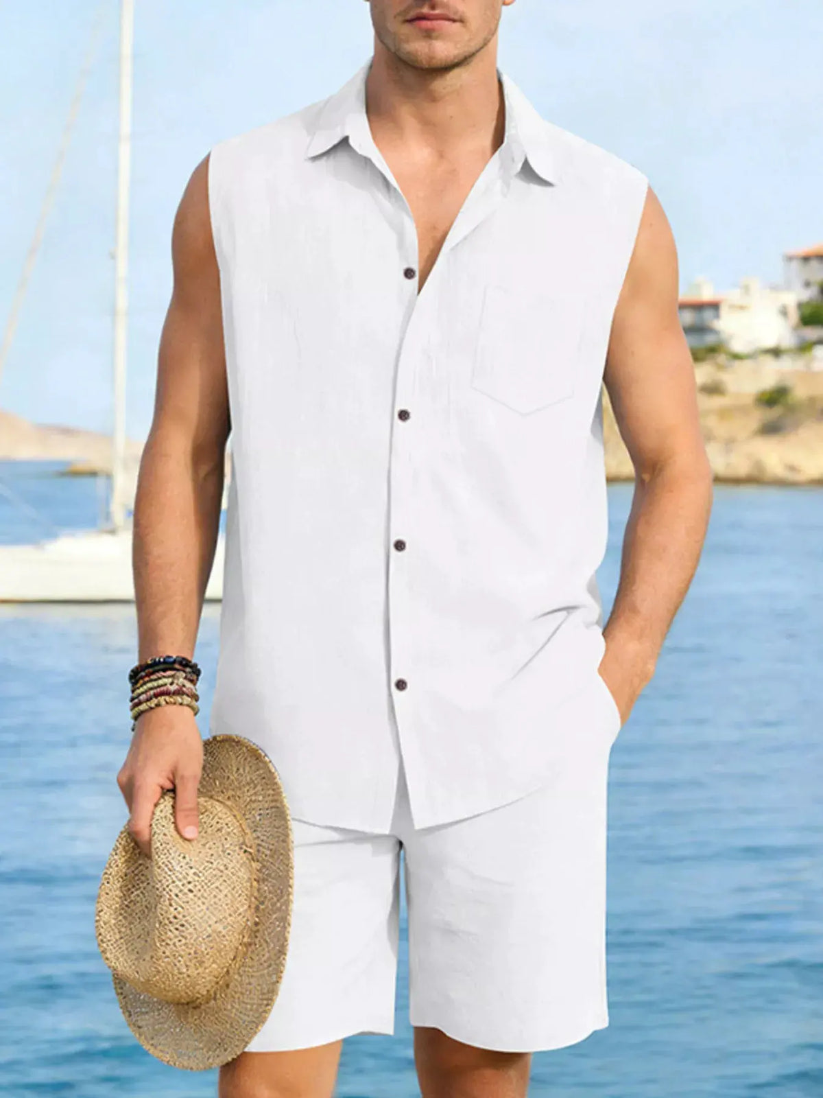 Men's Full Size Button Up Sleeveless Top and Shorts Plus Size by Trendsi