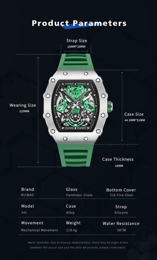 RUIMAS Luxury Watch Men Fashion Automatic Mechanical Watches Clock Silicone Strap Sport Casual Wristwatch Big Dial Reloj Hombre 341 by MEGIR WATCH GROUP