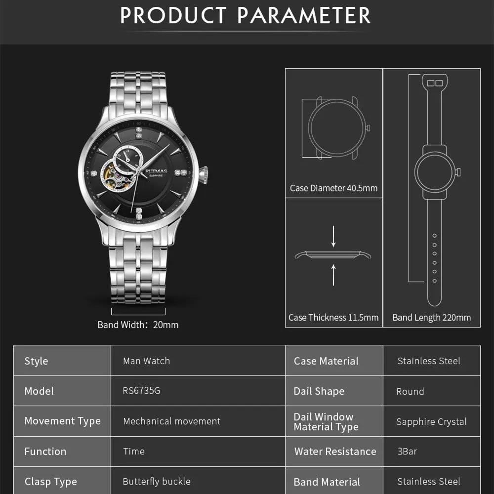 RUIMAS Gold Men Watch Luxury Stainless Steel Automatic Mechanical Watches Sapphire Glass Waterproof Wristwatch Relogio Masculino 6735 by MEGIR WATCH GROUP