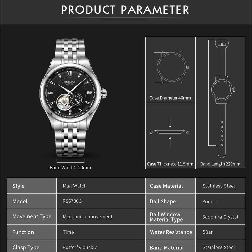 RUIMAS Luxury Men Mechanical Watches Sapphire Glass Stainless Steel Bracelet Business Casual WristWatch Clock Montre Homme 6736 by MEGIR WATCH GROUP