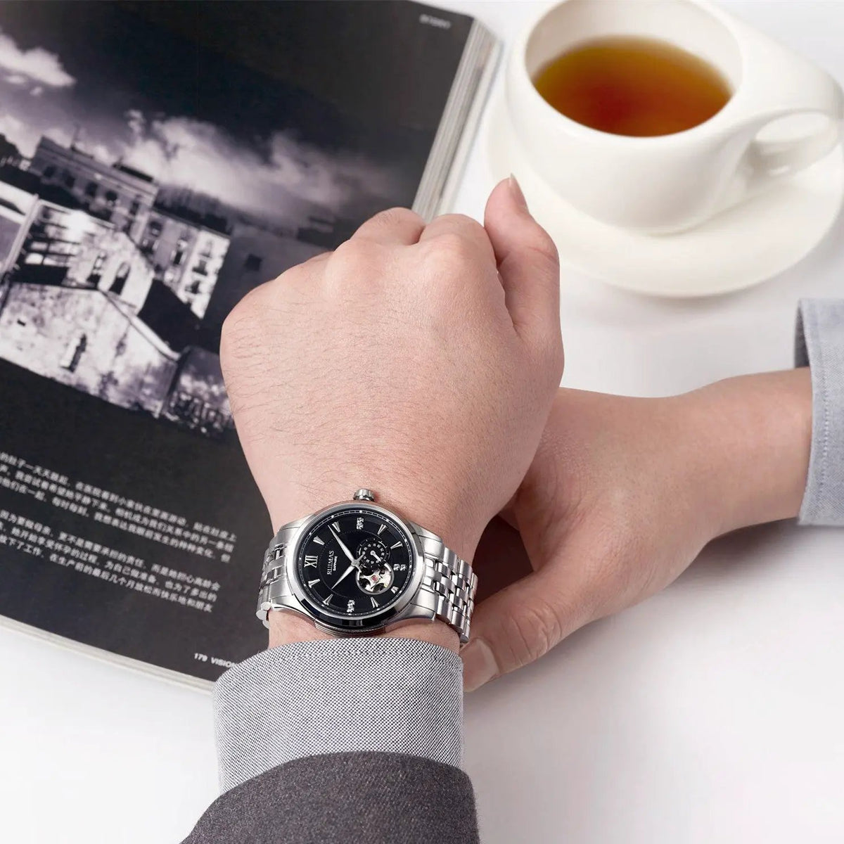 RUIMAS Luxury Men Mechanical Watches Sapphire Glass Stainless Steel Bracelet Business Casual WristWatch Clock Montre Homme 6736 by MEGIR WATCH GROUP