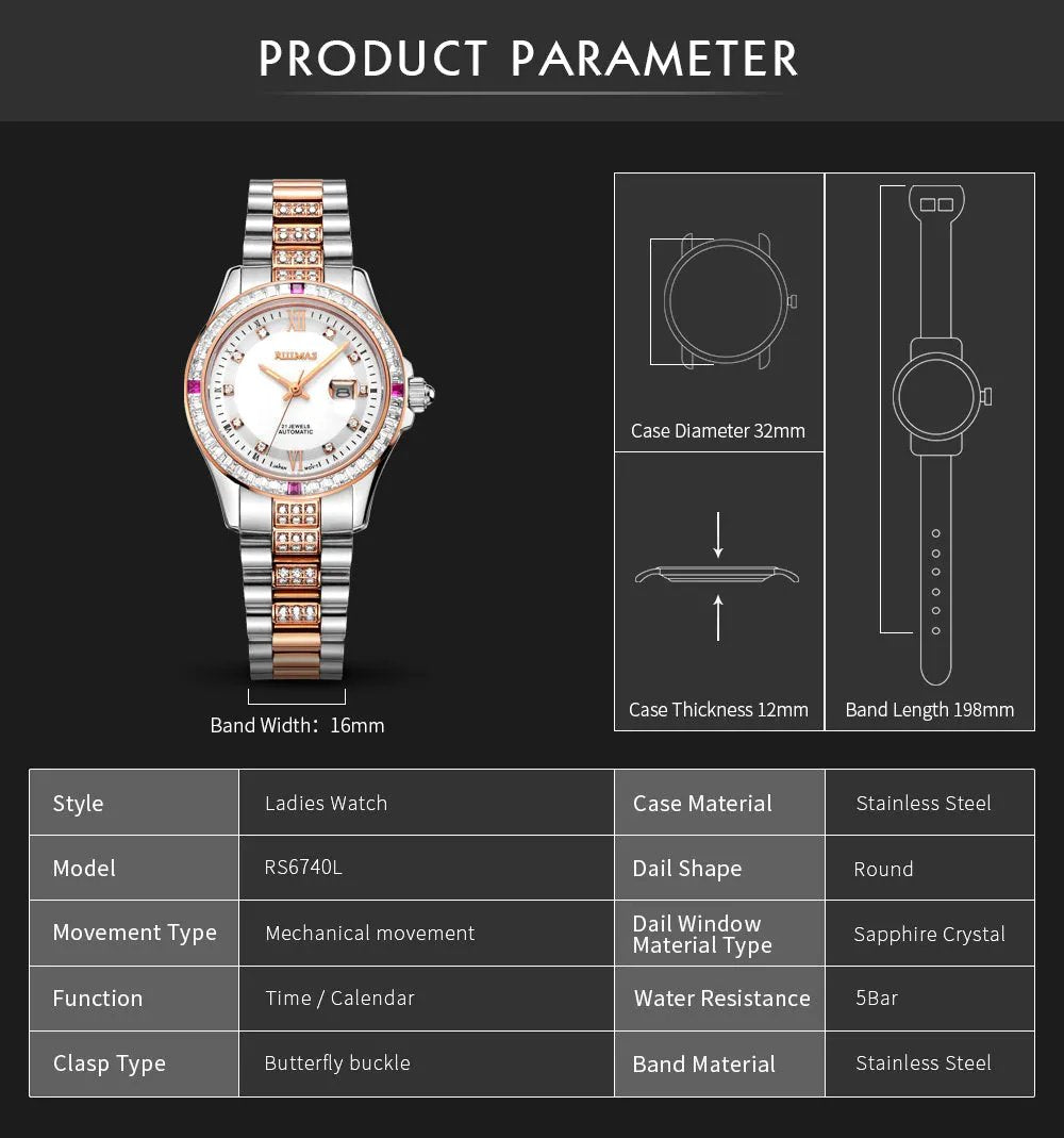 RUIMAS Sapphire Mechanical Women Watch Brand Luxury Steel Bracelet Ladies Fashion Watch Automatic Female Clock Reloj Mujer 6740 by MEGIR WATCH GROUP