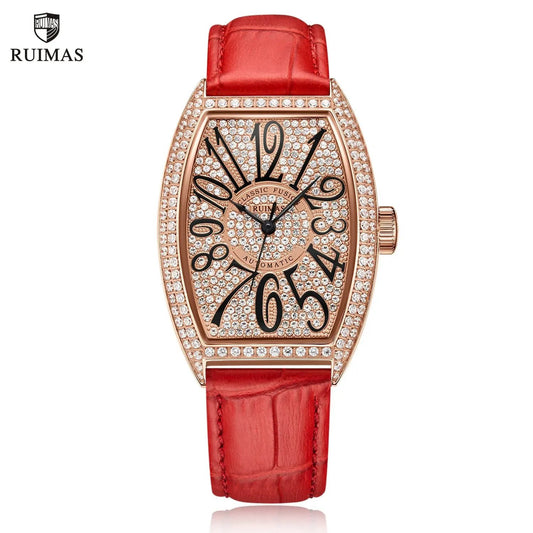 RUIMAS Luxury Diamond Women Automatic Mechanical Watches Waterproof Elegant Ladies Wrist Watch Clock Leather Reloj Mujer 6757 by MEGIR WATCH GROUP