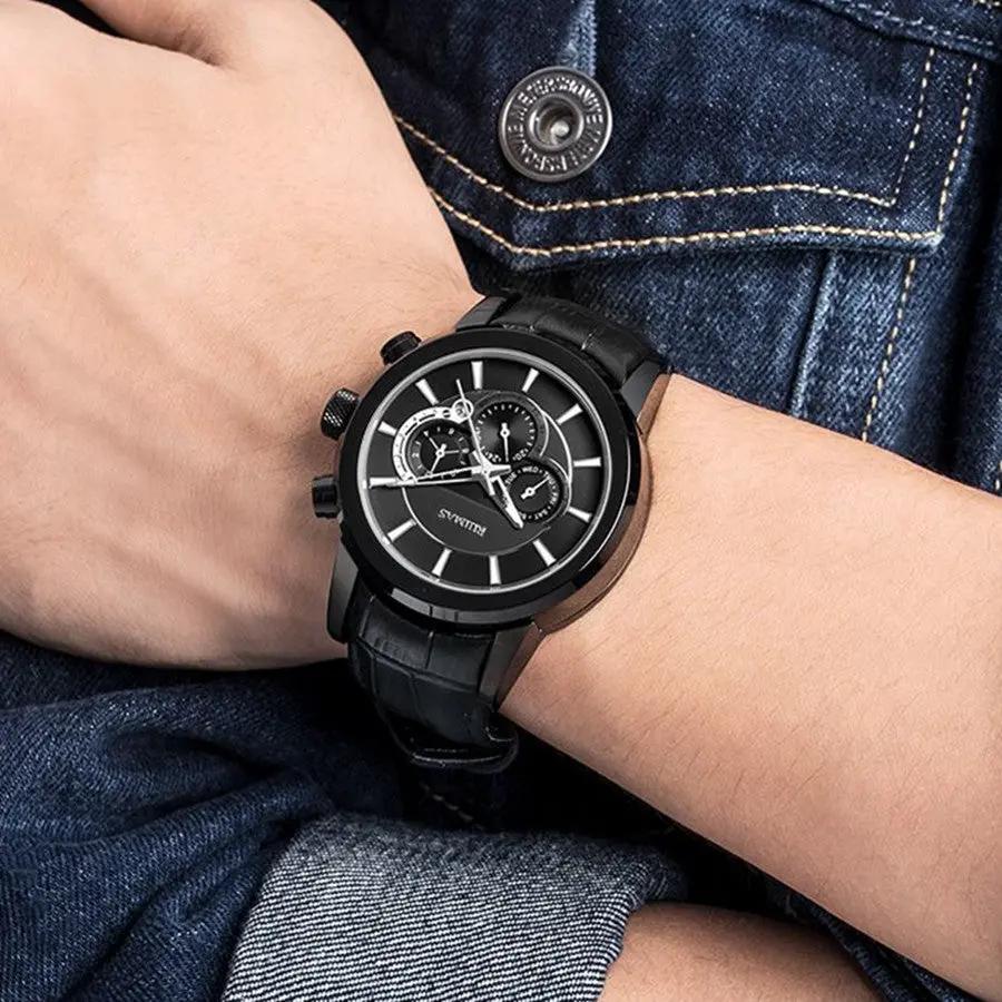 RUIMAS Mechanical Watches for Men Luxury Casual Business Wristwatch Leather Male Clock Date Chronograph Relogios Masculino 6767 by MEGIR WATCH GROUP