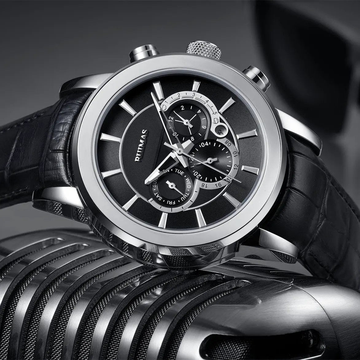 RUIMAS Mechanical Watches for Men Luxury Casual Business Wristwatch Leather Male Clock Date Chronograph Relogios Masculino 6767 by MEGIR WATCH GROUP