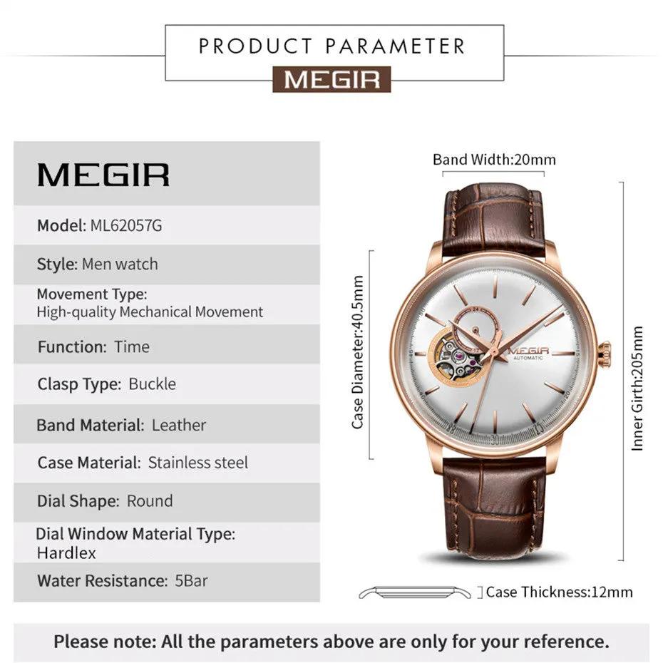 MEGIR Automatic Men's Watch Mechanical Movement Leather Strap Luxury Business Watches 5ATM Waterproof Big Dial Clock Wristwatch 62057 by MEGIR WATCH GROUP