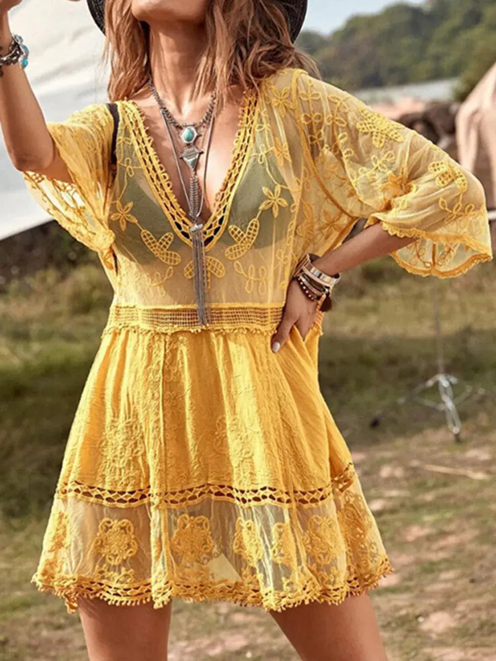Lace Detail Plunge Cover-Up Dress by Partner Label