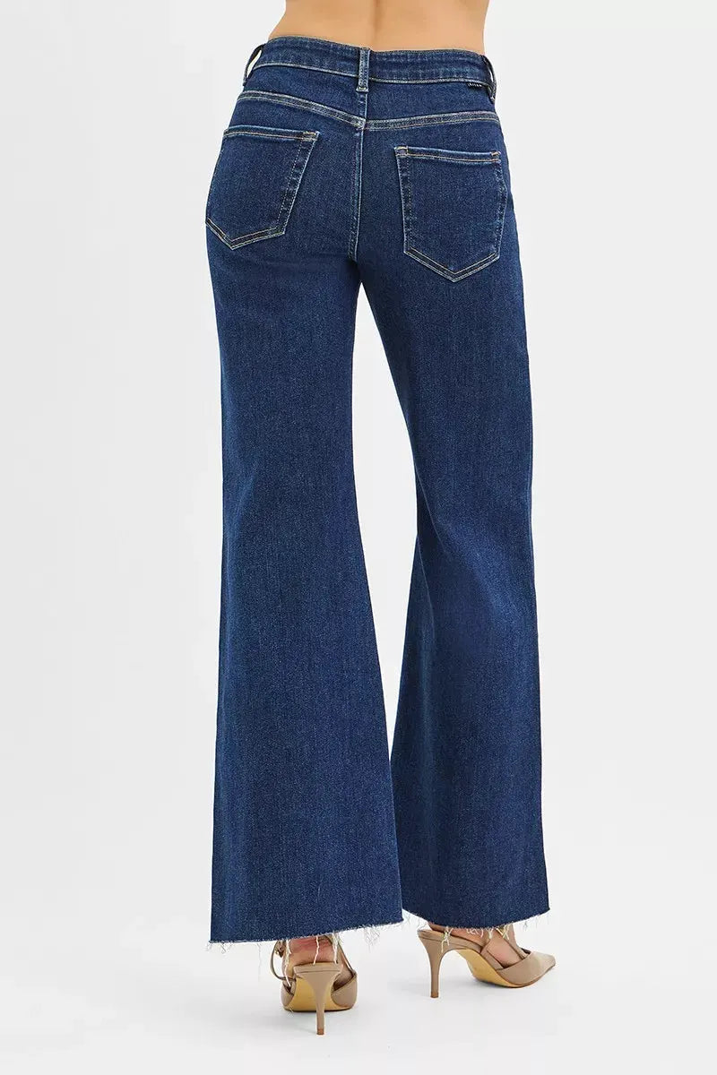 RISEN High Rise Wide Flare Jeans with Front Leather Pocket Detail by RISEN