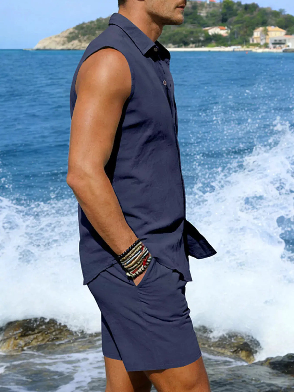 Men's Full Size Button Up Sleeveless Top and Shorts Plus Size by Trendsi