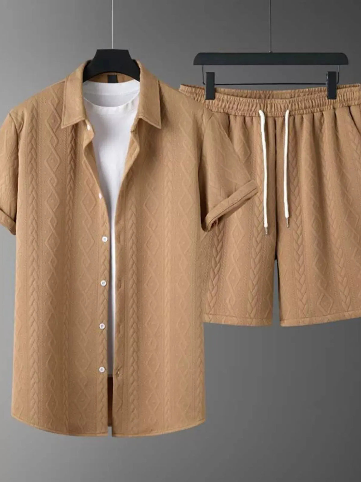Men's Textured Knit Short Sleeve Polo & Shorts Set by Trendsi