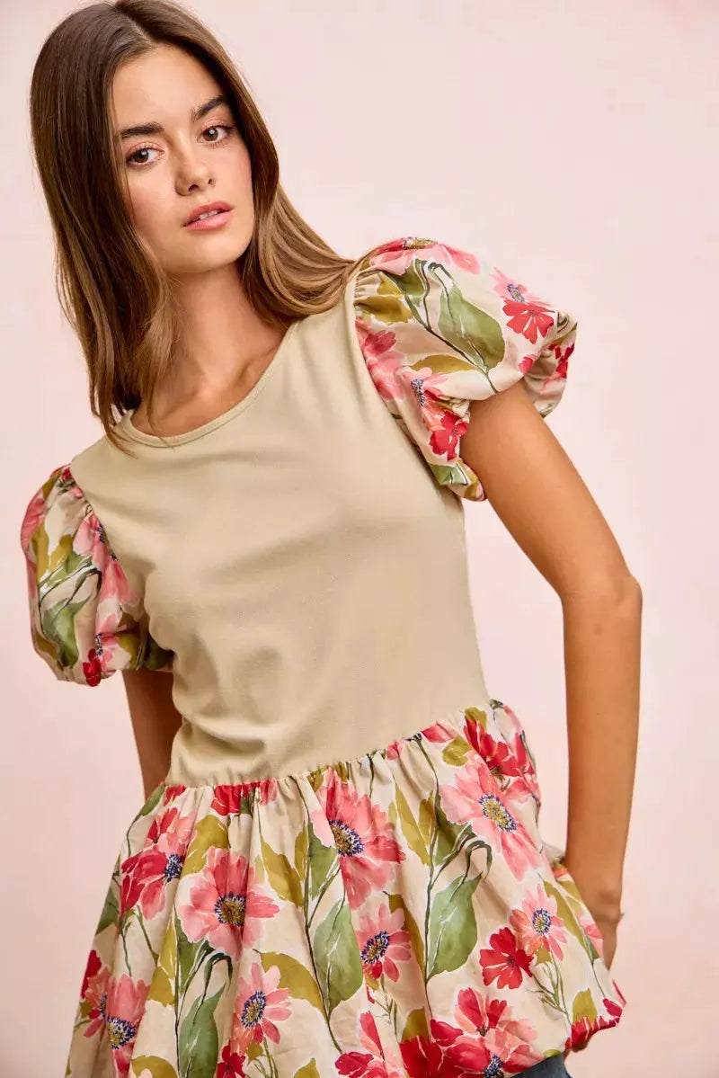 BiBi Floral Printed Bubble Sleeves and Hem Peplum Top by BiBi